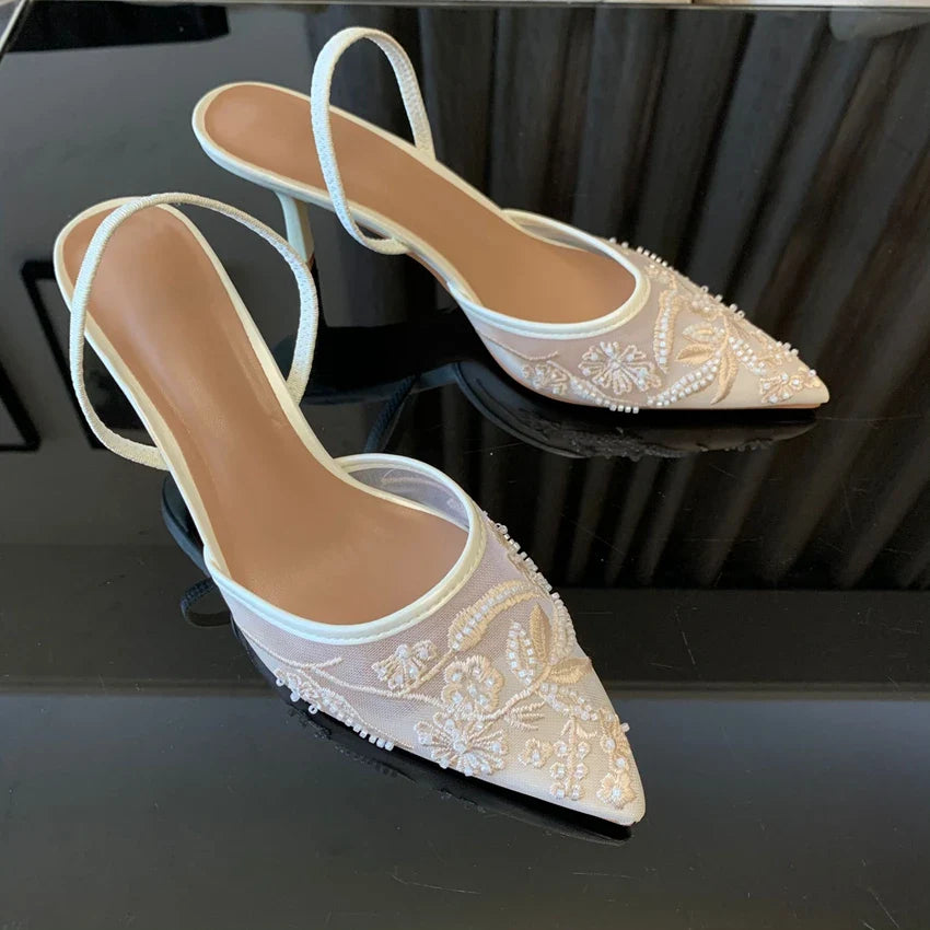 Brand Designer White Women Pumps Mesh Embroidered Flowers Back Strap Sexy Slingback High Heels