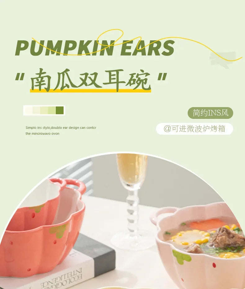 Strawberry Double Ear Ceramic Bowl,Cream 6.5-inch 9.5-inch Soup Bowl with Handle Home