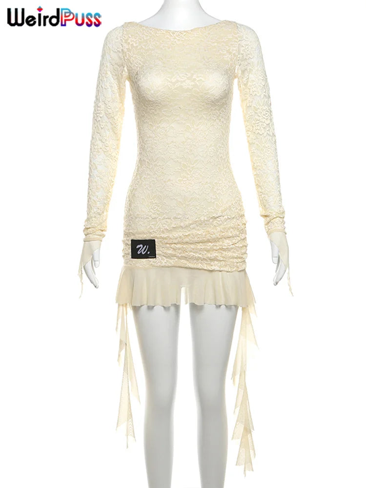 Lace Patchwork Dress Woman Sexy See Through Bandage Backless Ruffles Long Sleeve Irregular Hem Skinny Bodycon