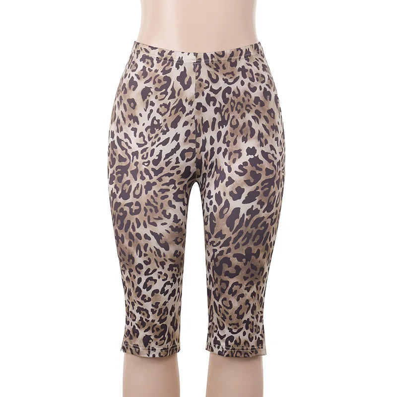 Leopard Print Cropped Pants Women Elastic Waist Buttoms Classic Skinny Basic Streetwear