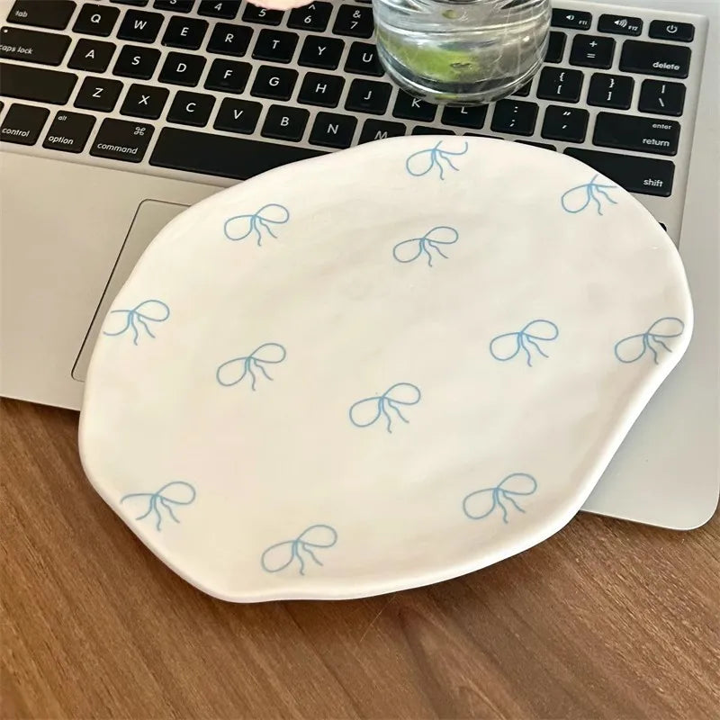 Cute Bowknot Kawaii Ceramic Plate For Cake Food Dinner Breakfast Ins Dessert Salad Decorative Dish 8 inch
