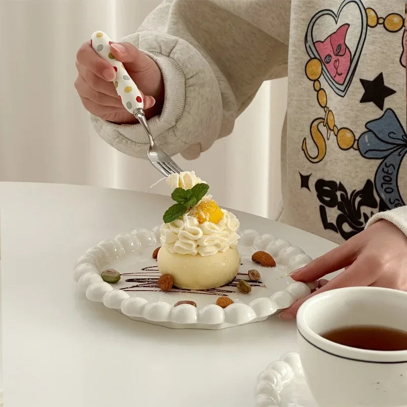 White/Yellow Beads Ceramic Plate Round Tableware Main Dish Decorative Plate Kitchen Utensils