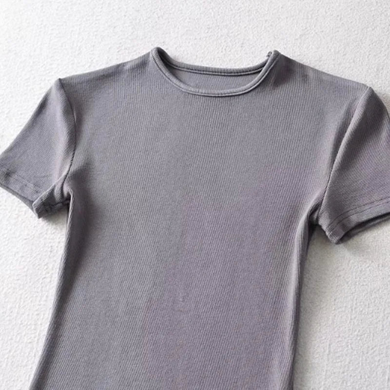 Summer Woman Skinny Fit T-shirt Tight Short-Sleeve O-neck Tee Basic Solid Crop Tops T Shirt