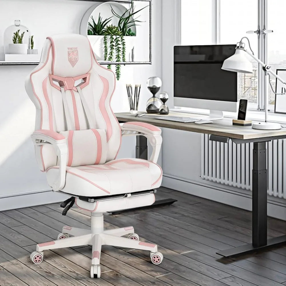 Pink Gaming Chair for Girls, Pink Computer Gaming Chairs for Adults, Reclining Gamer Chair with Footrest with Massage, Ergonomi