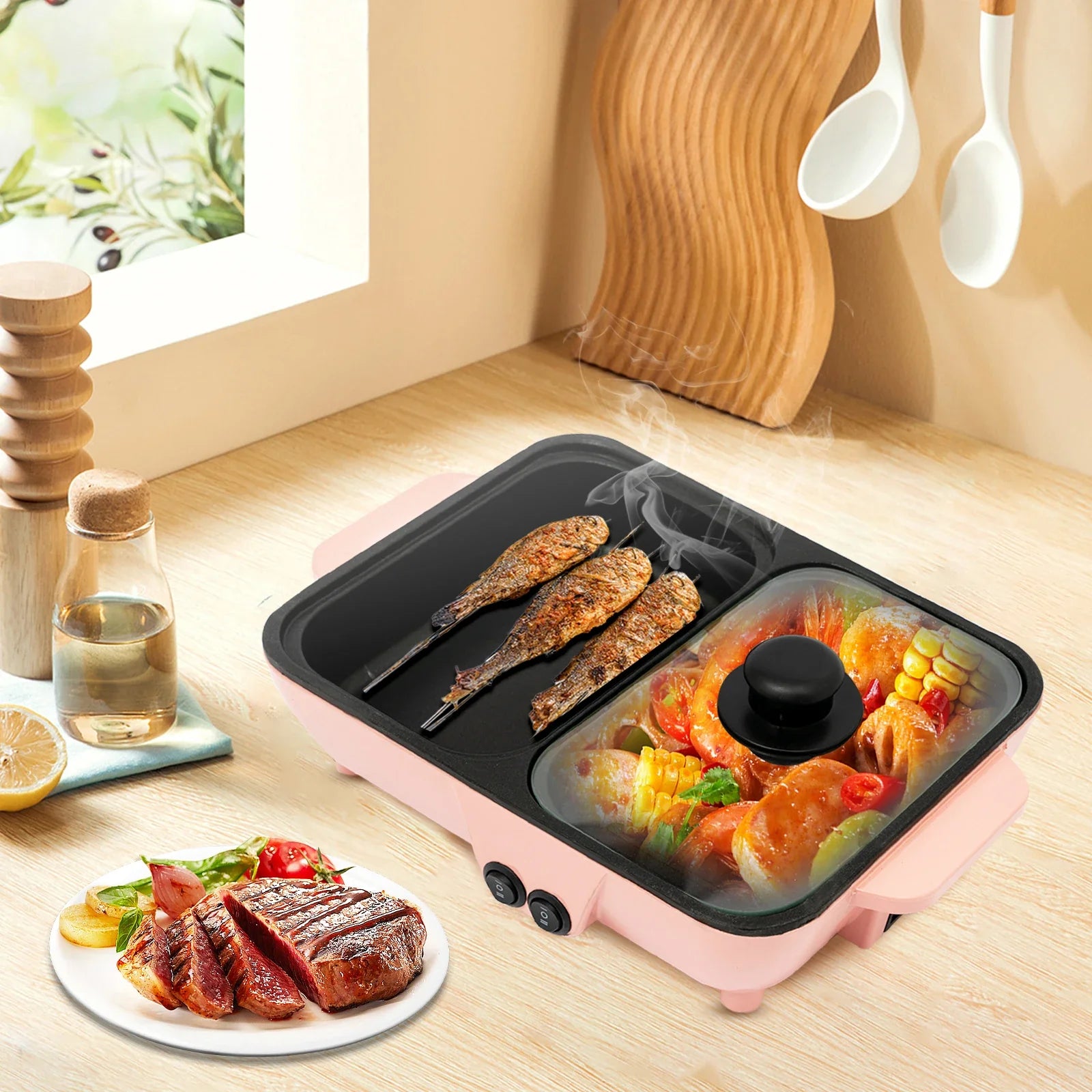 Mini Hot Pot and Grill Combo, Available in Pink, Blue, and White,2-in-1 Mini Hot Pot and Grill for Home Cooking