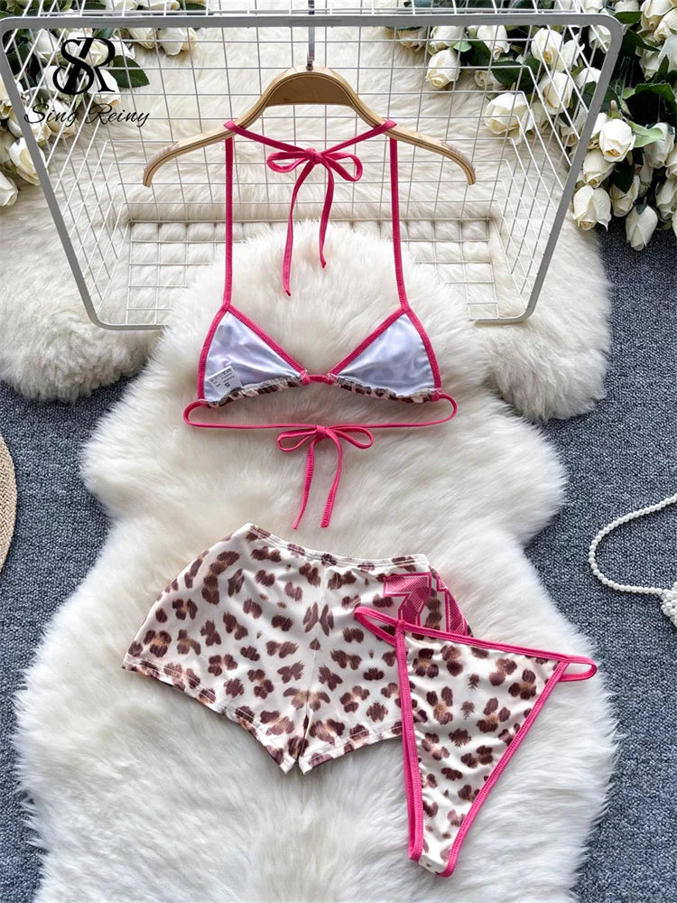 Leopard Bikini Hotsweet Three Piece Set Halter Bra+Slim Shorts+Mini Briefs Women Lace-Up Backless Sexy Suits