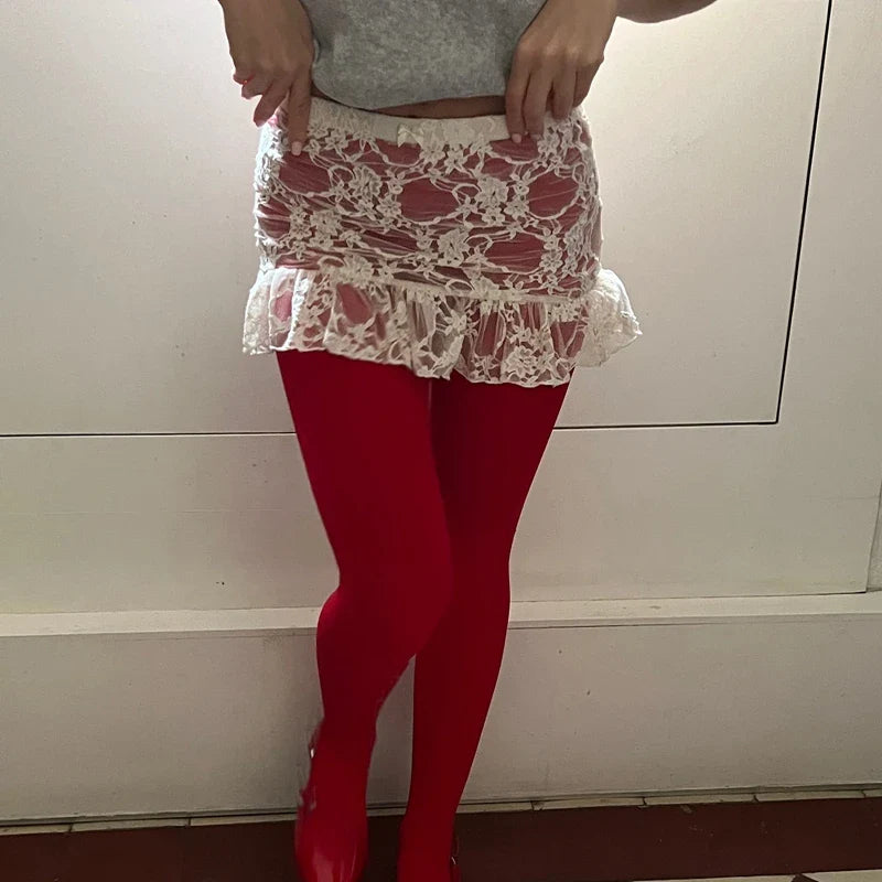 Floral Lace Sheer Ruffles Hem Pencil Skirt Fairy Coquette Low Waist Mini Skirt 00s Outfits Y2k Aesthetic Transparent Short Skirt