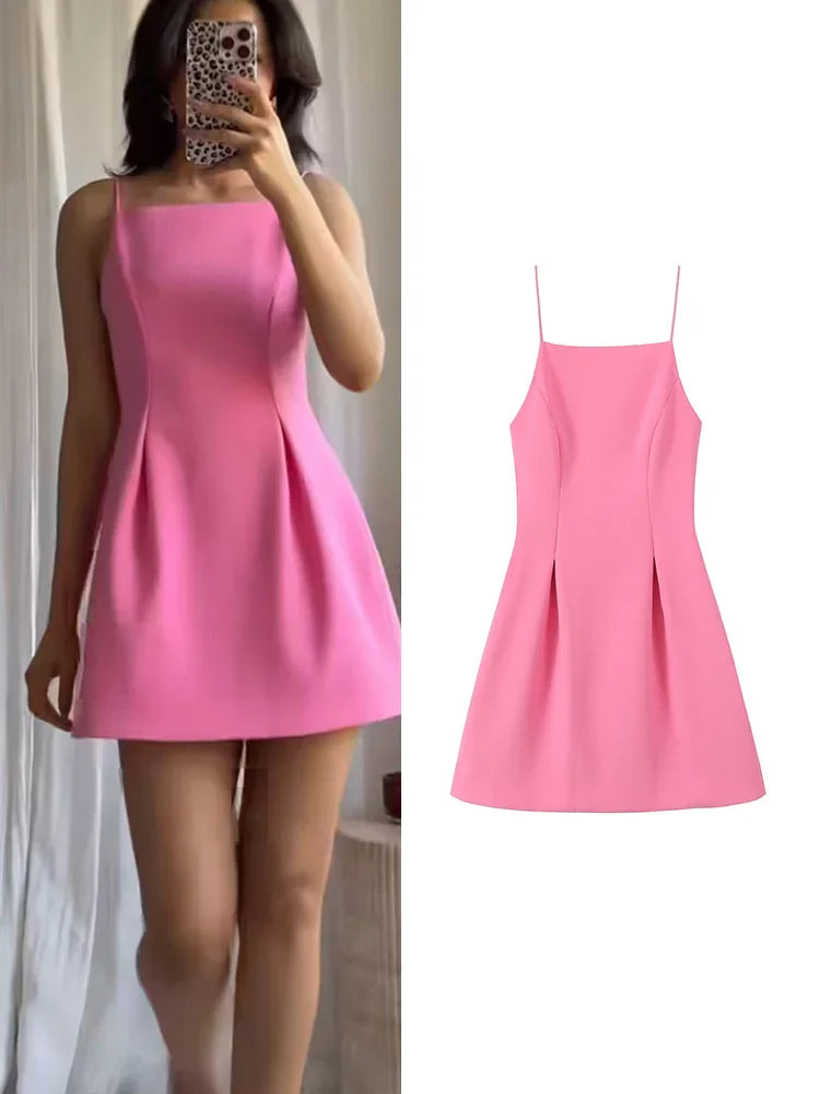 Ladies Pink Spaghetti Strap Dress Summer New Simple Style Women Slim Short Dress Party Fashion A-Line Dress
