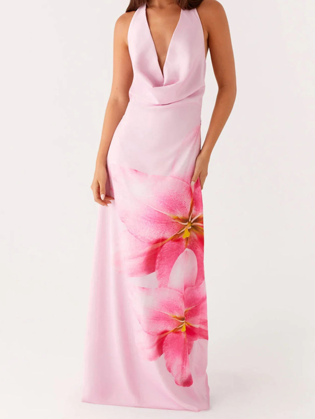 Summer Elegant Floral Print Sleeveless Halterneck Maxi Dress with Open Back