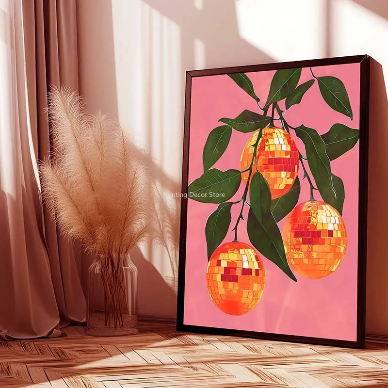Retro Abstract Fruit Disco Ball Orange Miorrorball Creative Poster Canvas Paintings Wall Art Pictures