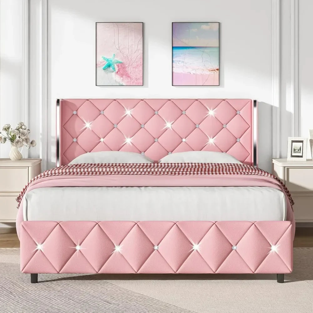 Shiny Bed Frame with Diamond Headboard, Upholstered Platform Bed Frame Faux Leather, Easy Assembly