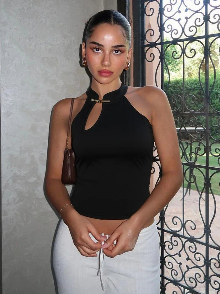 Cheongsam Buckle Tank Tops Women Y2K Summer Trend Basic Classic Hollow Solid Simple Street Stretch Daily Chic Vest