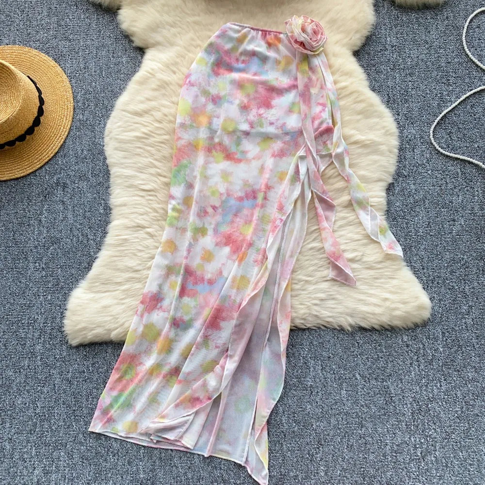 Flower Strapless Halter Tank Top and Split Ribbon Skirt Two Piece Set