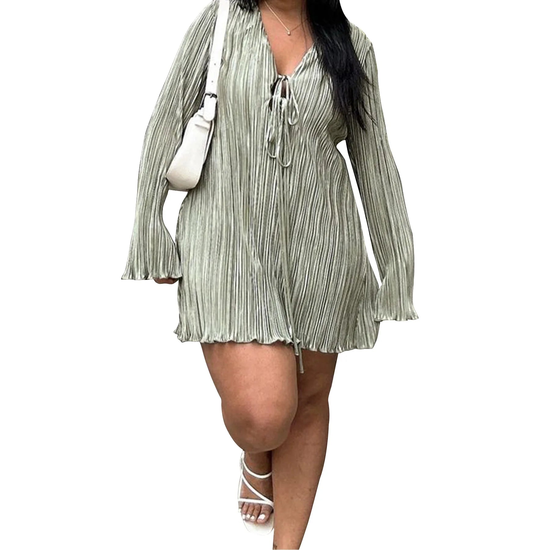 Long Sleeve Women V-neck Pleated Dress Casual Streetwear Plus Size Mini Dresses Party Casual