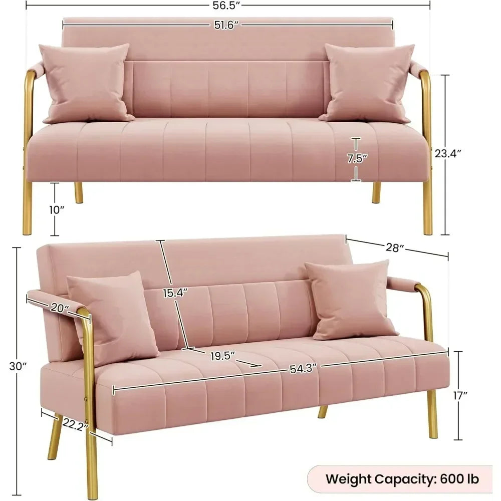 Modern Loveseat 2 Seater Sofa Luxurious Velvet Fabric Couch with Gold-Tone Metal Arms and Legs for Bedroom, Studio Pink 56.5" W