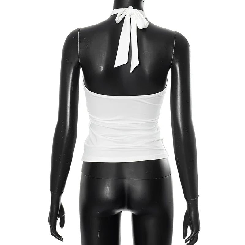 Women'S Solid Color Hanging Neck Tie Hollow Out Metal Ring Strapless Backless Tank Top Summer New Fashion Street Tank