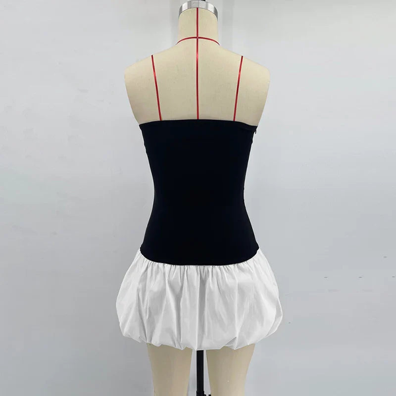 Contrast Color Mini Folds Dress For Women Strapless Sexy Slim Sleeveless Ruched Splice Y2K Beach Female Club Party Dress