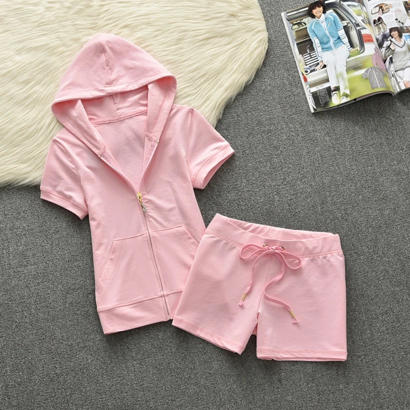 Summer Cotton Hoodie Sport Set Women's Solid Color Short Sleeve Shorts JC Summer Casual Fashion Two Piece Set