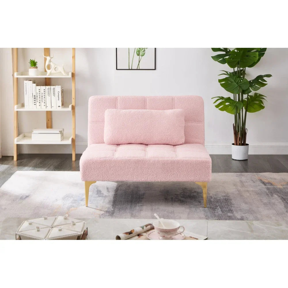 Pink Teddy Convertible Single Sofa Bed Futon With Gold Metal Legs Teddy Fabric