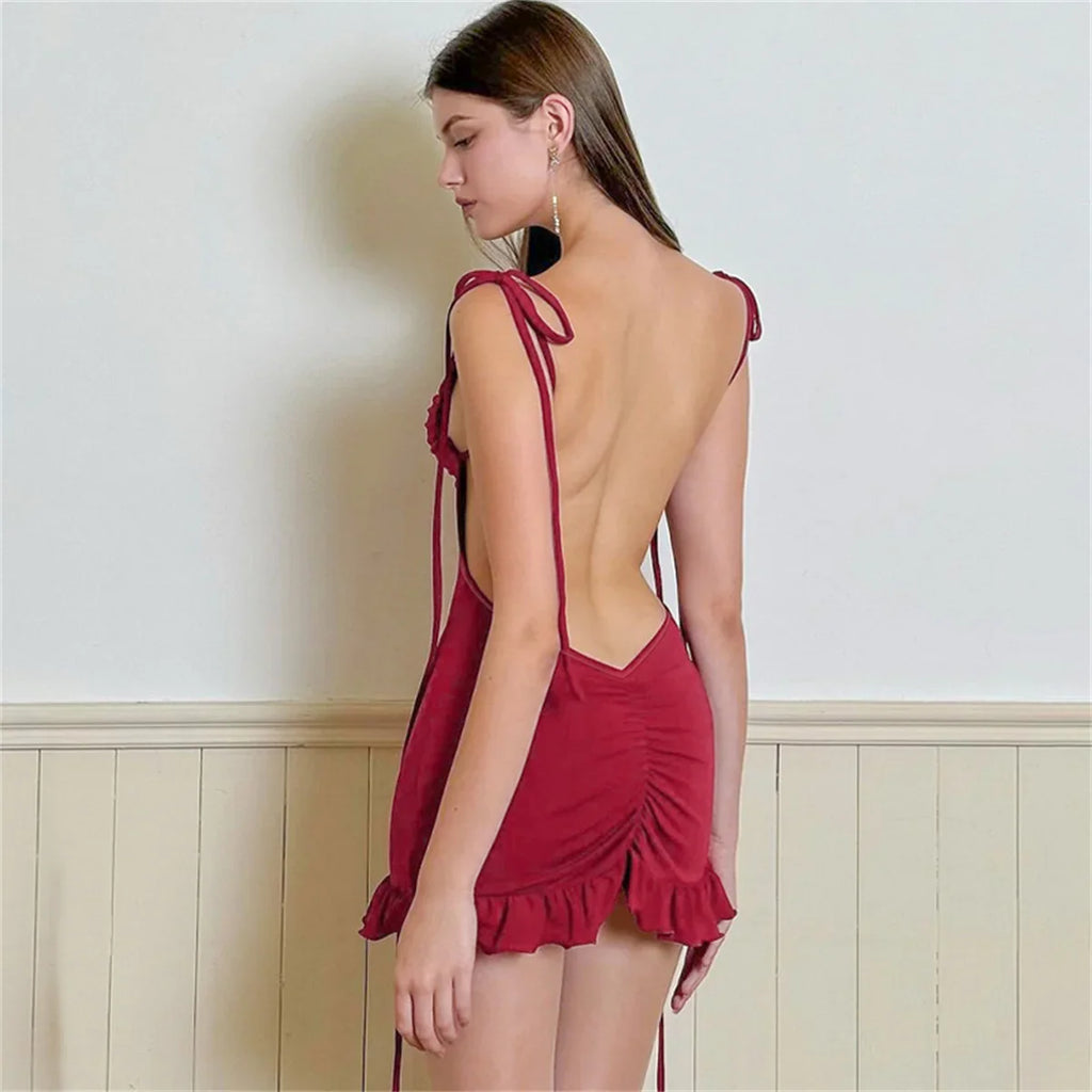New High End Y2K Sexy Open Back Lace up Slim Fit Spicy Girl Short Summer Mini Dress