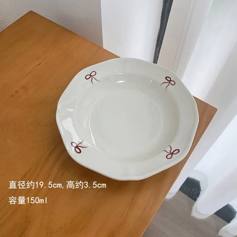 Vintage Red Bow Plate Deep Plate Underglaze Colored Ceramic Tableware Dishes