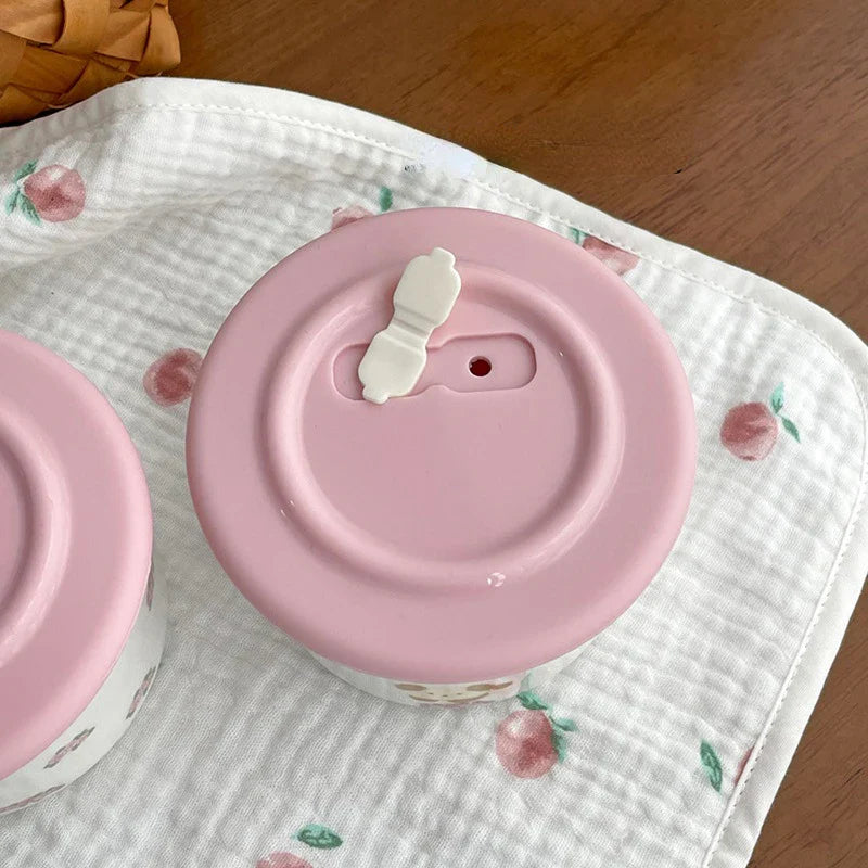 Cute Ceramic Snack Bowl with Lid, Exhaust Hole, Sealed and Fresh-keeping Bowl, Small Lunch Box for Steaming and Cooking