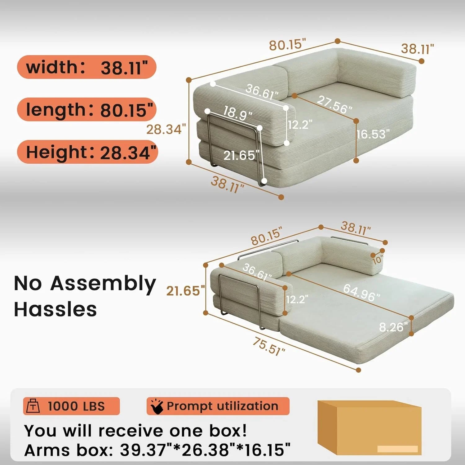 Combination Modular Sofa Living Room Folding Sofa Bed Convertable Corduroy Couch Floor Sleeper 4-in-1 Comfy Foldable Lazy