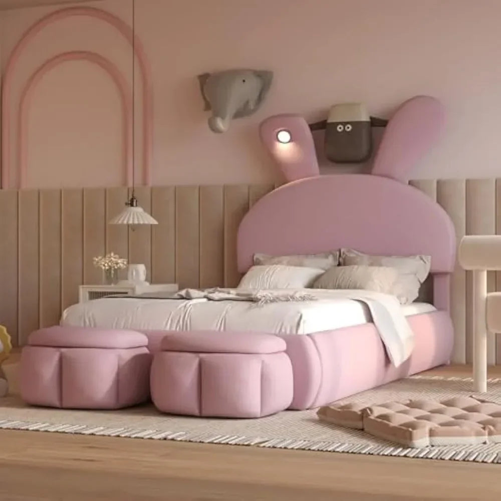 Twin Size Upholstered Platform Bed with Cartoon Ears Shaped Headboard and Light, Princess Platform Bed for Girls/Kids