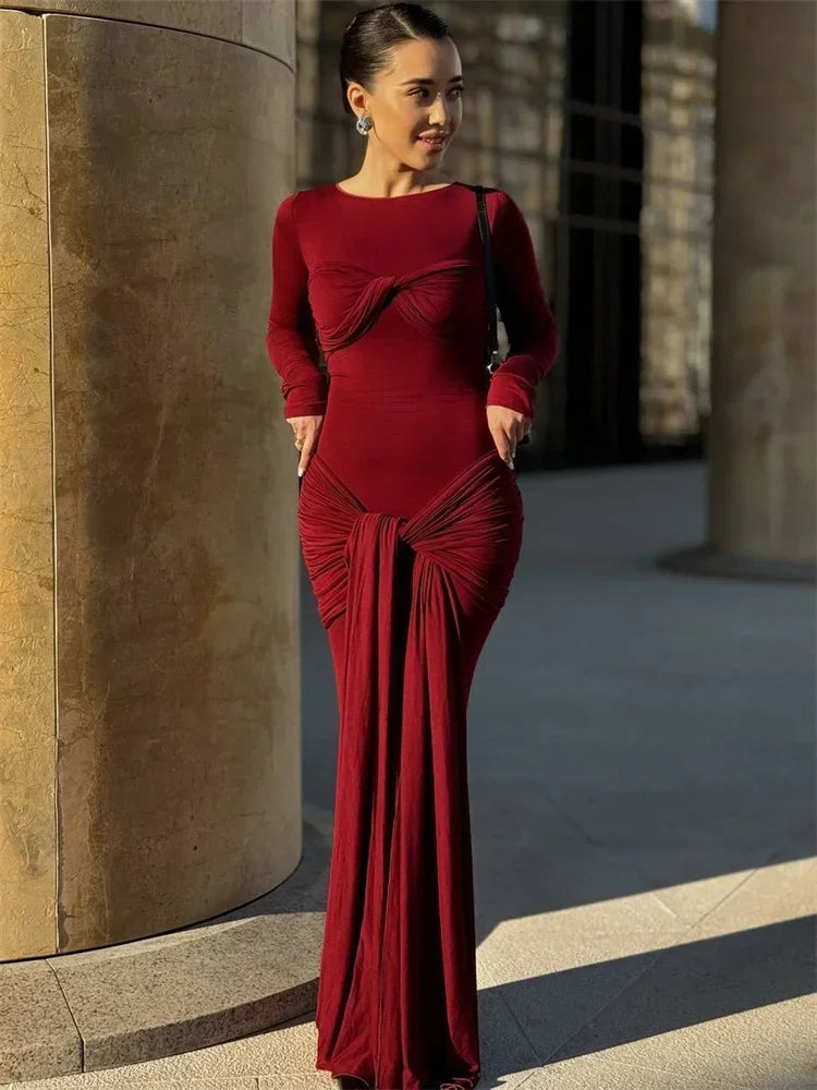 Female Pleated Sexy Maxi Dress Patchwork Twist Slim Long Sleeve Solid Women's Bodycon Dress