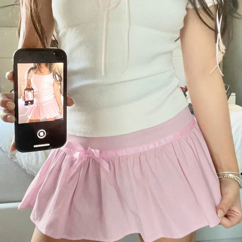 Hot-sweet Pink Spliced Summer Mini Skirt Bow Fashion Cute Folds A-Line Women Skirts Coquette Clothes