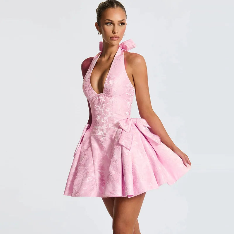 Pink Jacquard Halter Bow Evening Party Dress Women Robes Backless Elegant Sexy Dress Bodycon Mini Dress