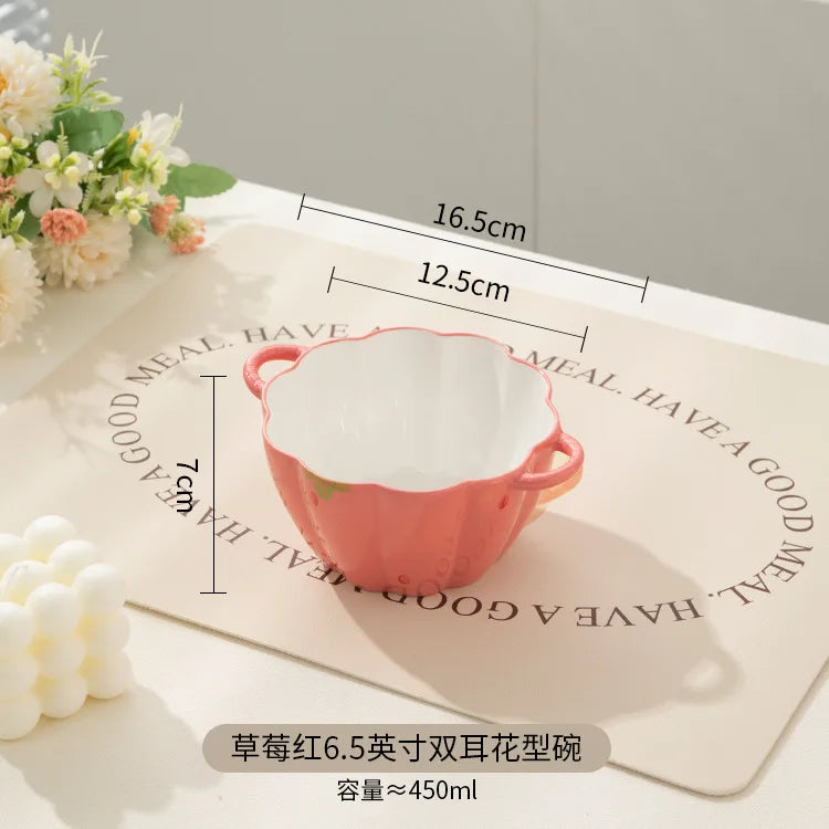 Strawberry Double Ear Ceramic Bowl,Cream 6.5-inch 9.5-inch Soup Bowl with Handle Home
