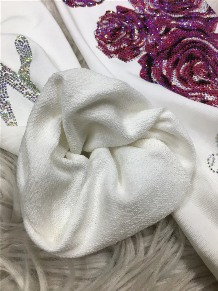 XL-4XL Plus Size Women's Pants Rhinestone Flower Big Size Sweatpants Casual Streetwear High Waisted Baggy Pants Woman