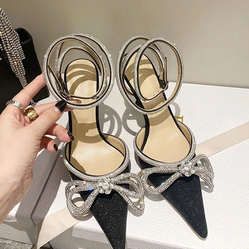 Glitter Crystal Women Pumps Sexy Ankle strap Rhinestones Bowknot High Heels
