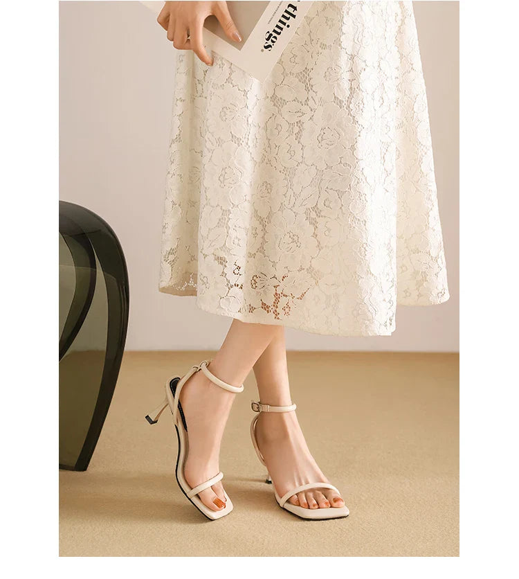 Women's High Heel Sandals Square Toe Thin Heels One-length Strip Open Toe Sandals