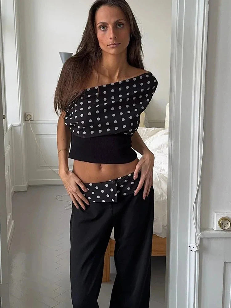 Sexy Off Shoulder Print Polka Dot Women Top White Patchwork Backless Bandage Top Female Spring Slim Casual Streetwear