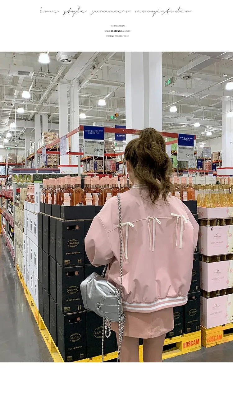 Sweet Butterfly Knot Pink Baseball Jacket Women's Spring Autumn Casual Loose Fit round Neck Full Sleeve Fashionable Coat