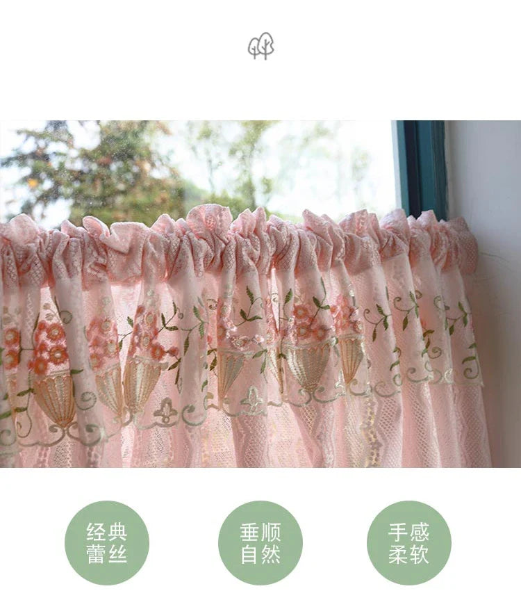 Pink Small Window Short Curtain Embroidery Floral Lace Half Window Curtains Sheer Tulle Home Decoration