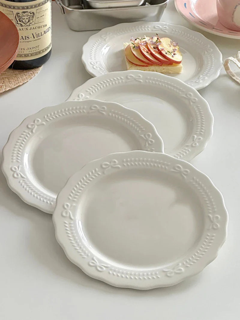 White Bow Embossed Ceramic Plate Dish Simple Dessert Disc 20.5cm Tableware