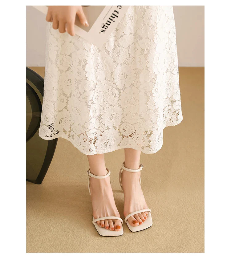 Women's High Heel Sandals Square Toe Thin Heels One-length Strip Open Toe Sandals