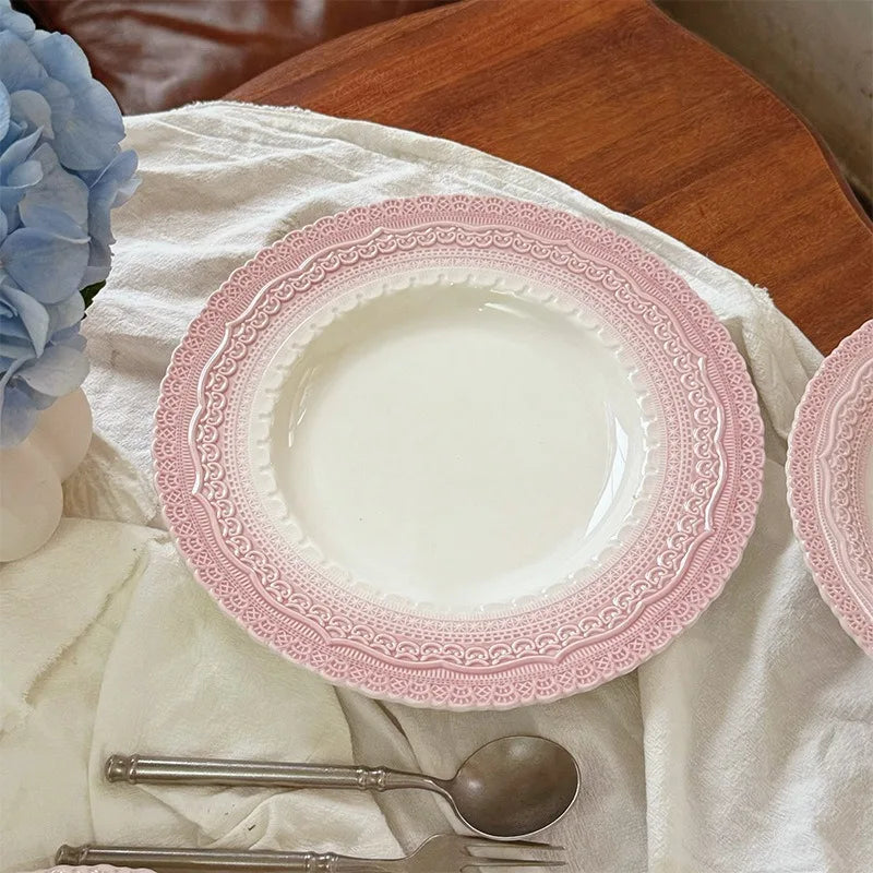 Pink Ceramic Plate French Underglaze Colored Plate Dinner Set Plates and Dishes