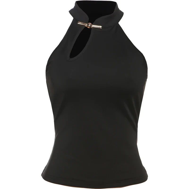 Cheongsam Buckle Tank Tops Women Y2K Summer Trend Basic Classic Hollow Solid Simple Street Stretch Daily Chic Vest