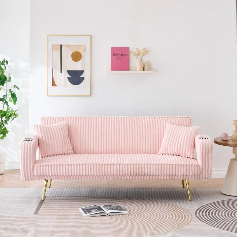 Dreamy Adjustable Pink Sofa Bed with Cup Holders Modern Comfort Corduroy Lounge Couch for Living Room Home Minimalist Loveseat