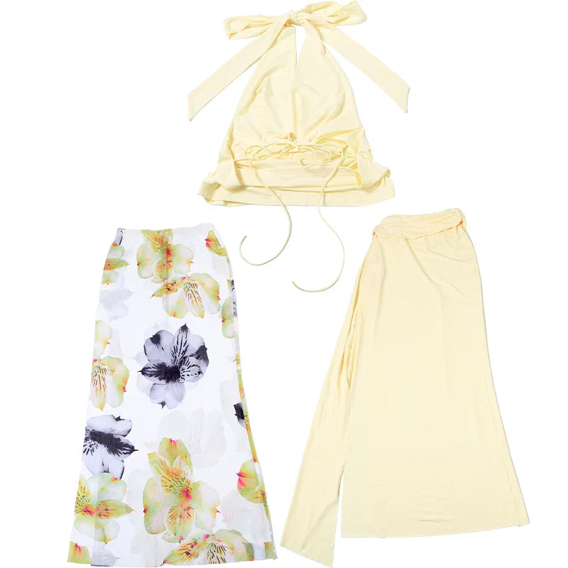 Women 3 Piece Set Stack Trend Halter Tops+Split Tassel Tassel+Flowers Mesh Skirts Matching Set