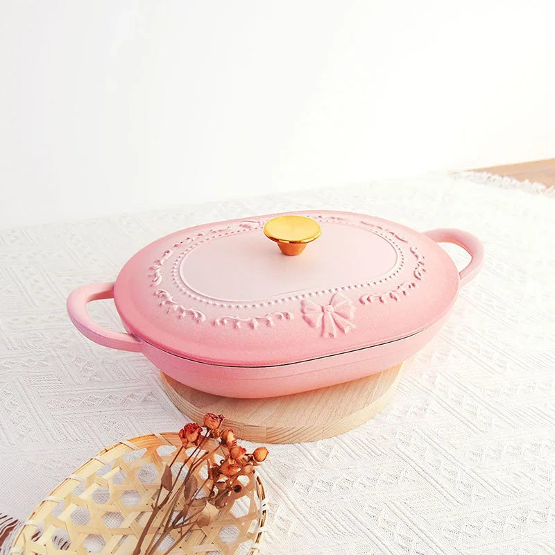 French Romantic Pink Kitchen Enamel Pot Embossed Elliptical Cast Iron Pots Home Stew Pot Grilled Fish Induction Cooker Soup Pots