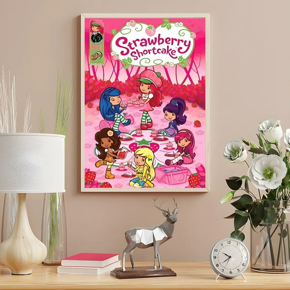 Cartoon Strawberry Shortcake Poster Cute Pink Room Decor Printing Home Decoration Waterproof Bathroom Room BedRoom Posters