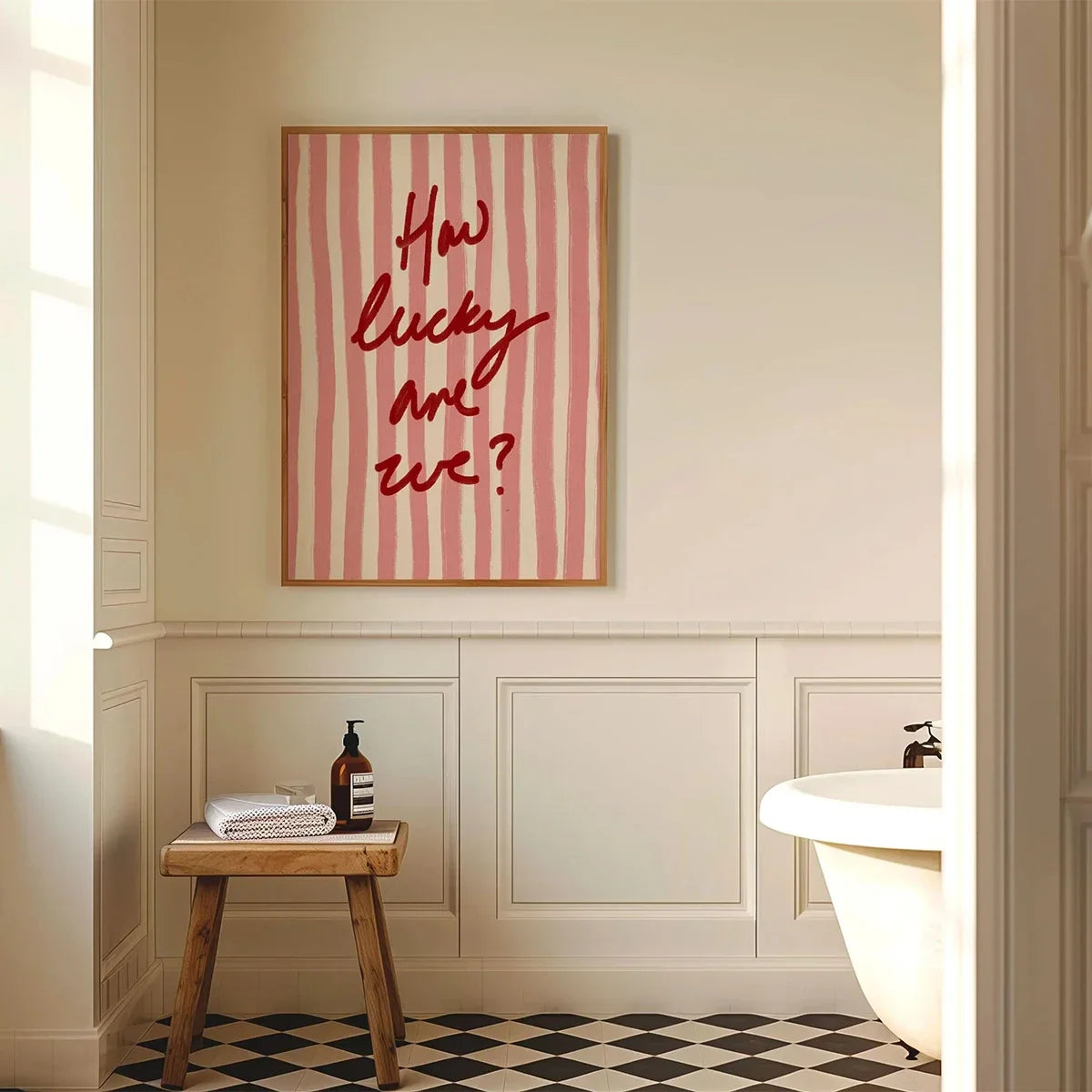 How Lucky Are We? Pink Stripes Quote Canvas Print Poster Modern Aesthetic Art Print Home Decor Art Poster