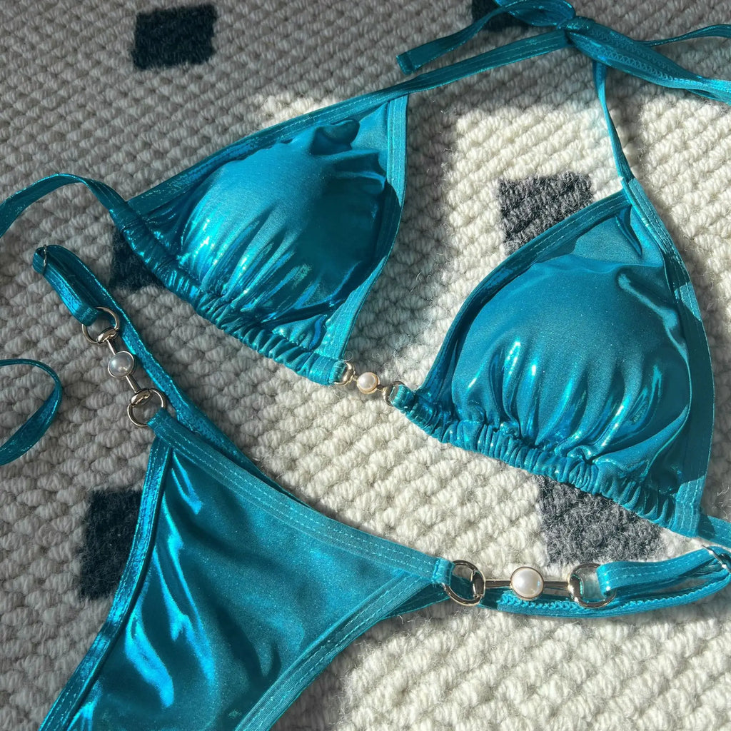 Shiny Micro Bikini Women Sexy PU Pearls Push Up Thong Swimsuit Summer Bathing Suit