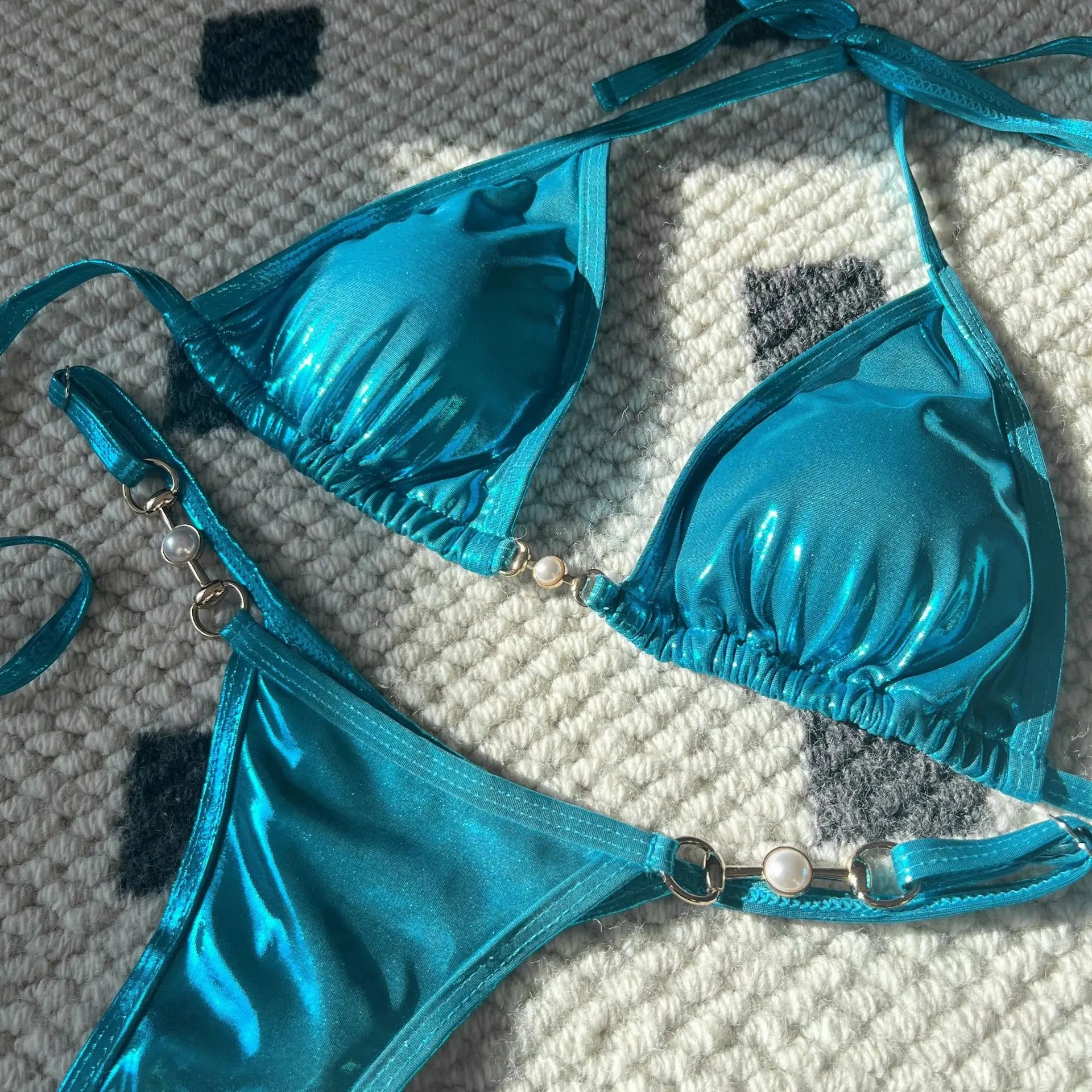 Shiny Micro Bikini Women Sexy PU Pearls Push Up Thong Swimsuit Summer Bathing Suit