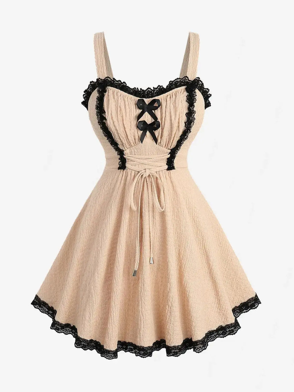 Rosegal Plus Size Women Bowknot Lace Trim Lace-up Two Tone Textured Tank champagne Top  New Women Spring, Summer Casual Vest